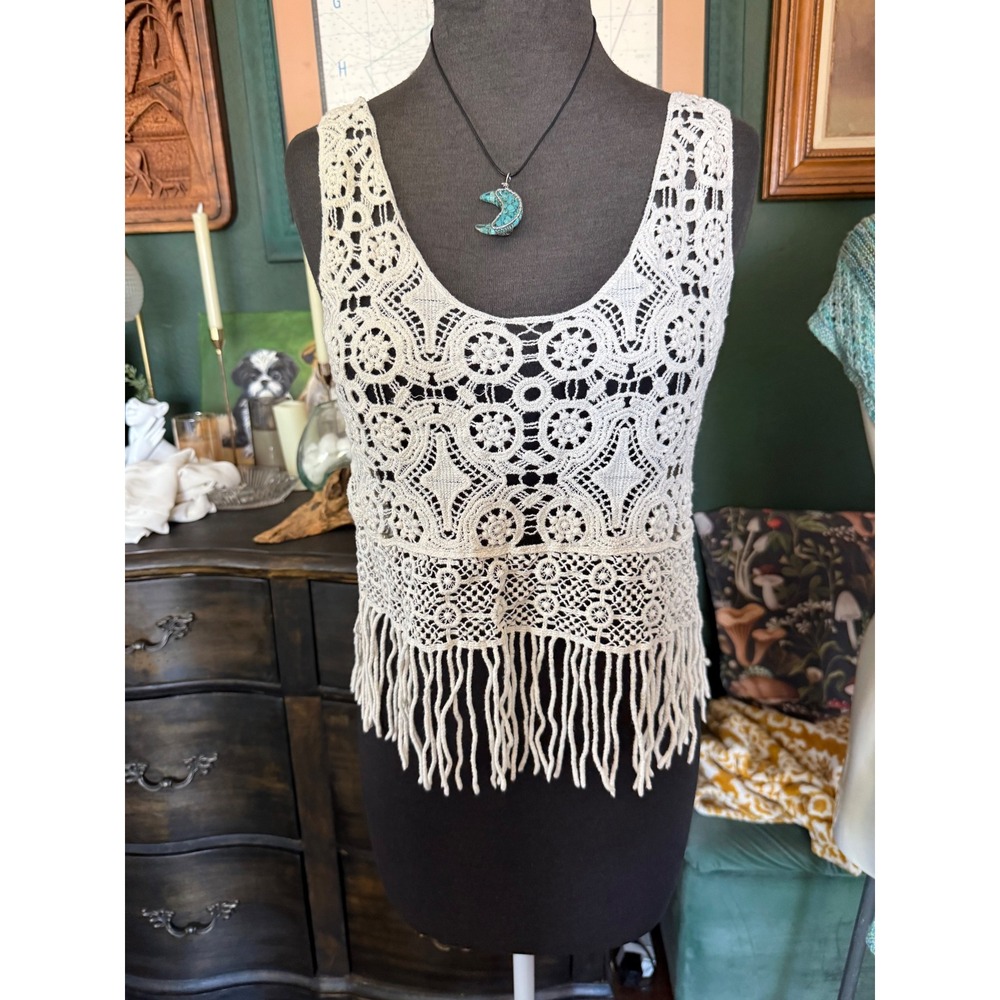 HL Cream Crochet Fringe Crop Tank Top Boho Festival Sleeveless S/M